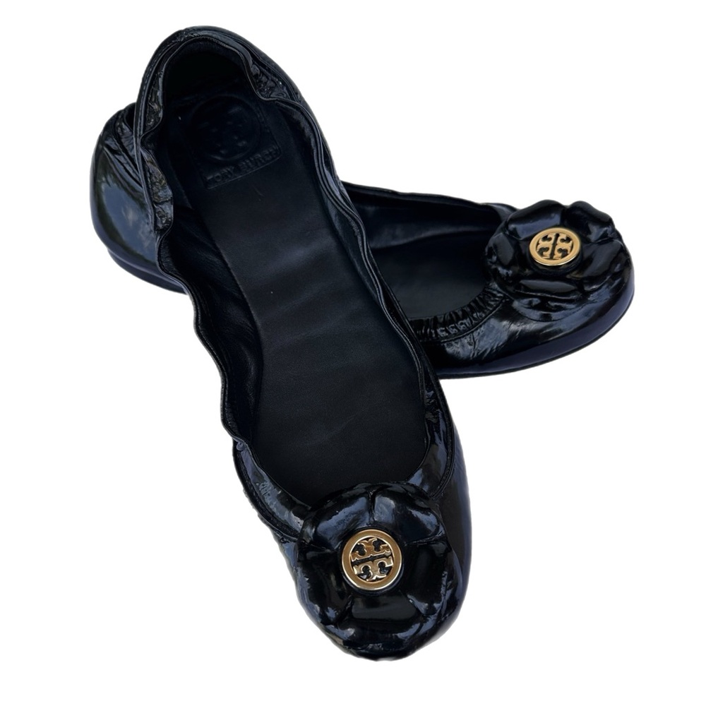Tory Burch Shelby Patent Leather Flower Logo Ballet Flats Black Size 10 M